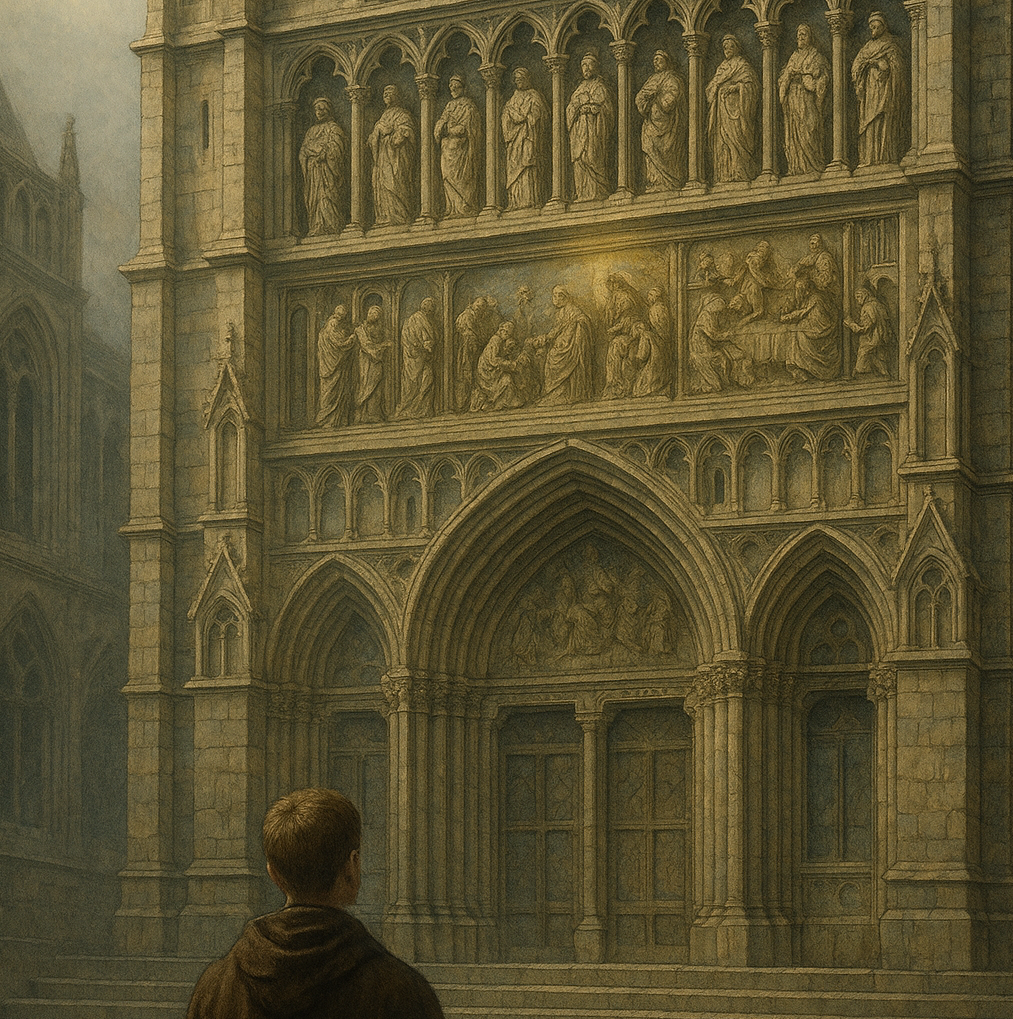 A lone figure in a brown cloak stands before the towering façade of a Gothic cathedral, gazing up at its intricate tiers of stone statues, reliefs, and a large rose window glowing faintly in soft light.